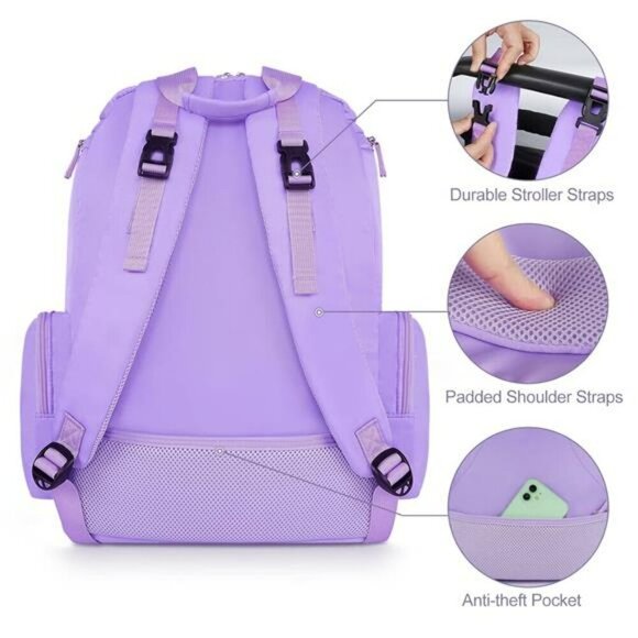 Mancro Large Diaper Bag Backpack for Baby Girl Boy Travel Mom Dad Purple - Picture 5 of 7